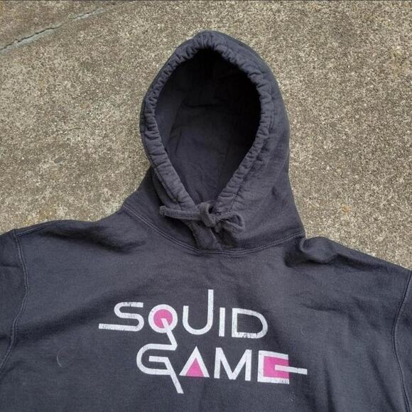 Vtg Y2k Rare SQUID GAME Neon Spellout Graphic Cult TV Show Hooded Sweatshirt XL - Picture 2 of 4